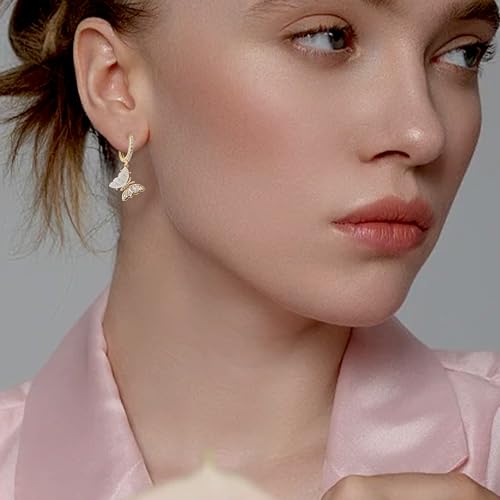 Sonateomber Gold Silver Small Hoop Dangle Earrings for Women, Trendy Dainty Rhinestone CZ Dangling Prom Wedding Leaf Flower Snowflake Butterfly Starfish Fashion Jewelry Gift - color: Rainbow butterfly