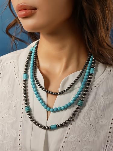 MINACHI Boho Multi Layer Necklace with Green Stone Beads, Handmade Beaded Chain Necklace, Vintage Hippie Jewelry for Women - style: Necklace NECK.004