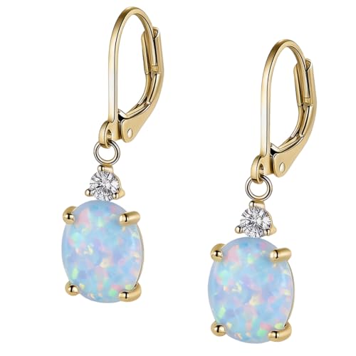 Dainty Opal Earrings for Women Sterling Silver Pear Oval Blue Opal Dangle Earrings Leverback Earrings Gold - color: leverback-gold opal