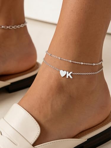 Ankle Bracelets for Women Waterproof 14K Gold/Silver/Black Initial Anklet for Women Dainty Layered Heart Ankle Bracelets Stainless Steel Adjustable Foot Chain Anklet Summer Beach Jewelry - color: K-Silver