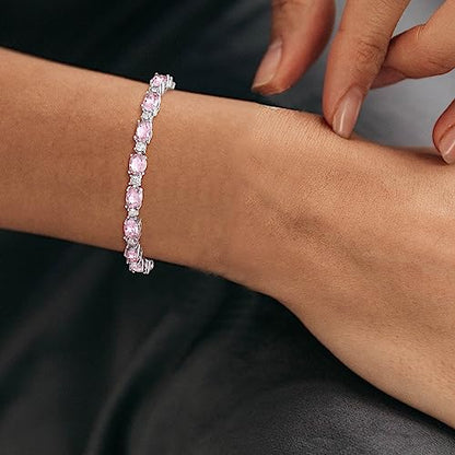 Crysdue Wedding Bridal Bracelets for Brides, Cubic Zirconia Tennis Birthstone Jewelry Gift for Women Prom - style: A_Pink, 6.8-8.2"
