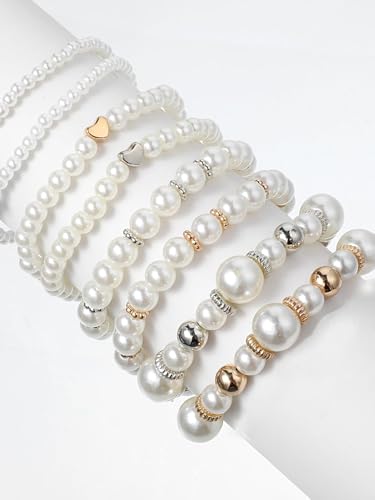4/8 Pack Pearl Bracelets for Women Simulated Pearl Beaded Stackable Bracelet Set White Pearls Stretch Bracelet Set Multilayered Elastic Pearls Bracelets Bangles for Women Bridal Boho Jewelry - color: Gold Silver