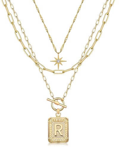 MJartoria Layered Initial Necklaces for Women | 14K Gold Plated Brass, Star Choker, Square Letter Pendant, Paperclip Chain - color: Gold, style: R