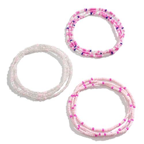 3Pcs/Set Boho Elastic Beads Waist Chains Jewelry Summer Beach Seed Beaded Belly Chain Jewelry Bikini Sexy Bead Waist Body Jewelry for Women - color: Pink