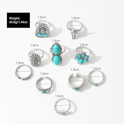 Airvess Vintage Knuckle Rings Set, Chunky Turquoise Stackable Rings, Silver Joint Finger Stacking Rings, Bohemian Western Jewelry for Women - style: 10 Pcs