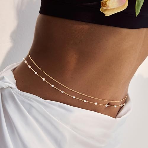 Body Chain for Women 14K Gold Plated Waist Beads Chain Gold Belly Belt Cuban Layered Body Chains Waterproof Adjustable Sexy Bikini Beach Body Jewelry Daily Belts Gifts for Women 26.5-33Inch - style: Pearl + Satellite