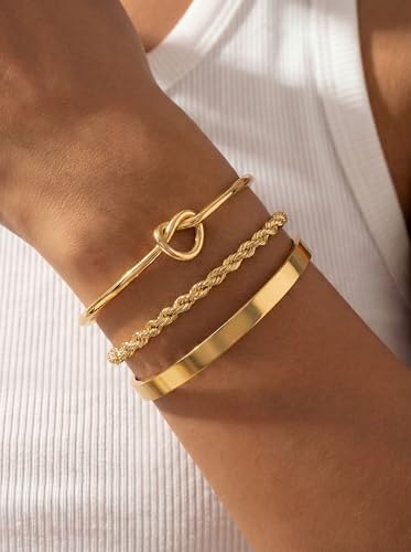 14K Gold Plated Stackable Bangle Bracelets for Women | Dainty Cuff Bracelets, Stackable for Women, Waterproof Bracelet Stack, Gold Jewelry Gifts Trendy Adjustable Accessories - color: 3-layer-E-Gold