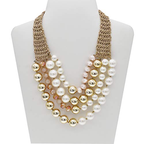 utop JNF Hand made Pearl Statement Necklace for Women Rhinestone Multilayer Crystal Necklaces Chunky Pearl Necklace Large Pearl Necklace and Earrings Set for Mother Mom's gift - color: color pearl necklace