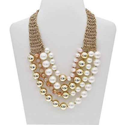 utop JNF Hand made Pearl Statement Necklace for Women Rhinestone Multilayer Crystal Necklaces Chunky Pearl Necklace Large Pearl Necklace and Earrings Set for Mother Mom's gift - color: color pearl necklace