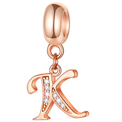 EMOSTAR Letter Charms Initial A-Z Alphabet Beads, Rose Gold 925 Sterling Silver Dangle CZ Birthstone Pendant, Gifts for European Charm Bracelet/Mothers Day/Birthday - color: Letter K