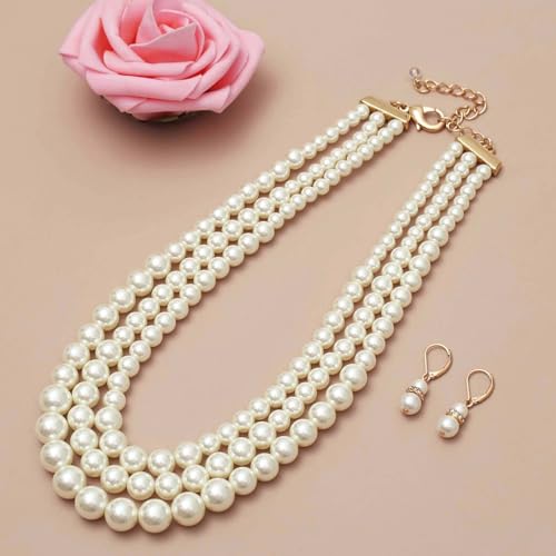 S SUSANN Costume Layered Twisted Gold Pearl Necklace Choker Chunky Glass Statement Pearl Necklace and Earring set, good gift for women Faux pearl necklace set - style: Big pearl collar necklace