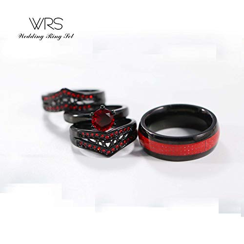 Two Rings His Hers Wedding Ring Sets Couples Matching Rings Women's 2pc Black Gold Plated Red CZ Wedding Engagement Ring Bridal Sets Men's Tungsten Carbide Band Wedding Band - color: Red, size: women's size 7 & men's size 9