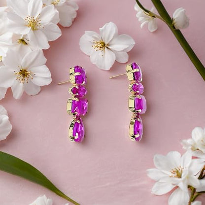 Dainty Sparkly Crystal Square Teardrop Circle Dangle Drop Earrings Long Chic Glitter Rhinestones Geometry Stud Earrings For Women - style: Rose Red