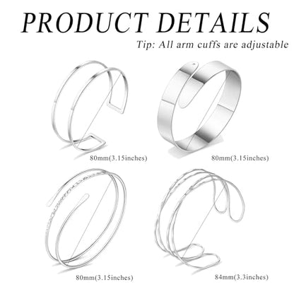 FIRAZIO 4PCS Arm Cuff Jewelry for Women | Upper Arm Cuff Bangle Band Armlet Adjustable Arm Cuff Bracelet Set - style: 4B-Silver