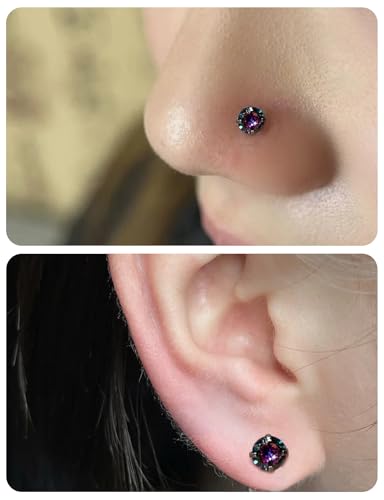 20G 18G 16G Threadless Nose Rings Studs Flat Back Earrings Surgical Stainless Steel CZ Nose Rings Stud Tragus Helix Conch Cartilage Earrings Stud Piercing Jewelry For Women Men Hypoallergenic - color: Black-Rainbow CZ, size: 16 Gauge-6mm Bar-2mm CZ