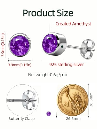 Neshat Tiny Birthstone Earrings for Women, 925 Sterling Silver Bezel Crystal Stud Earrings, 4mm Minimalist Sapphire/Amethyst/Aquamarine/Emerald Earrings Studs - style: 02. February-Created Amethyst
