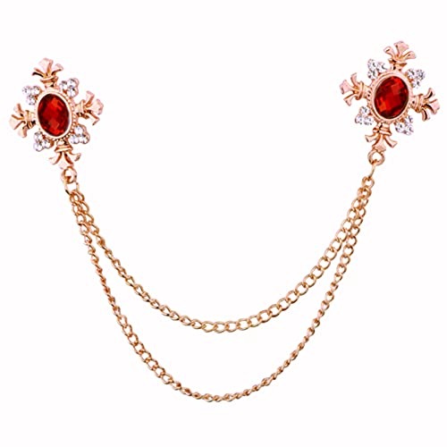 Elegant Cross With Hanging Chain Brooch Gold Silver Plated Oval Crystal Rhinestone Corsage Tassel Chain Suit Jacket Brooch Pin for Men Husband Gifts - color: gold+red