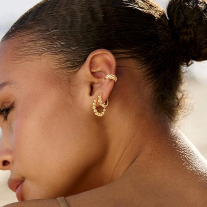 Gold Hoop Earrings for Women 14K Gold Plated Chunky Huggie Hoops Simple Cute Earrings Minimalist Jewelry for Women Gifts - style: Beads