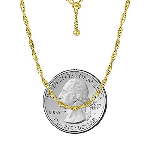 Savlano 925 Sterling Silver Italian Solid 1.5MM Singapore Twist Adjustable Bolo 14-24 Inch Chain Necklace For Women - Made in Italy Comes With a Gift Box - style: Gold Plated