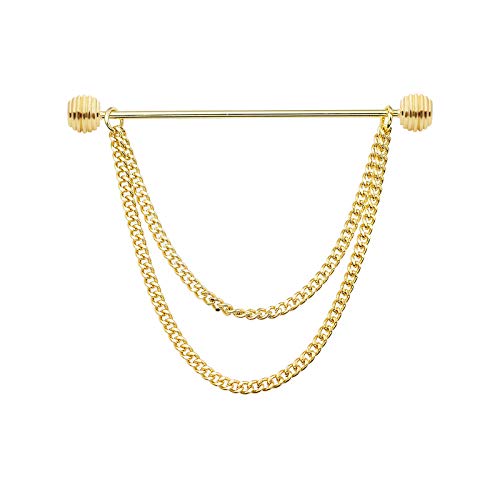 Men's Gold Plated Brass Collar Bar with Double Hanging Chain Tassel Shirt Tie Bar Collar Brooch - color: Gold Threaded Elliptical Ball Head