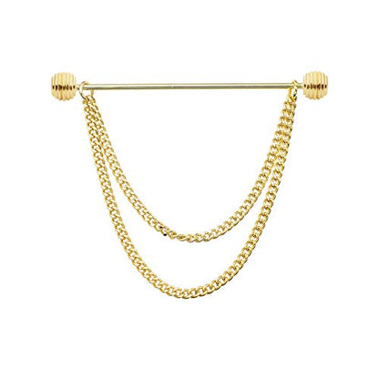 Men's Gold Plated Brass Collar Bar with Double Hanging Chain Tassel Shirt Tie Bar Collar Brooch - color: Gold Threaded Elliptical Ball Head