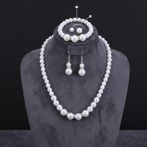 4 Pcs Big Pearl Necklace and Earring Set, White Jewelry Sets for Women, Elegant Bracelet Ring Collection, Classic Costume Jewelry for Wedding Bridesmaid Party Daily Wear