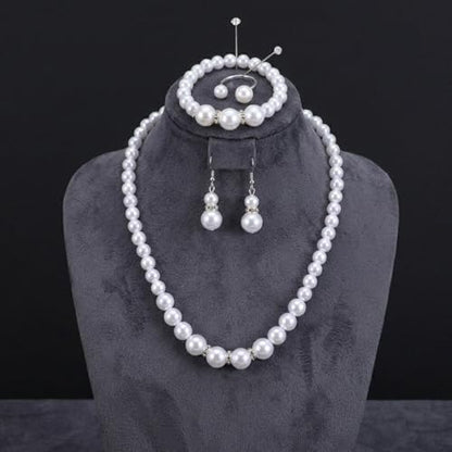 4 Pcs Big Pearl Necklace and Earring Set, White Jewelry Sets for Women, Elegant Bracelet Ring Collection, Classic Costume Jewelry for Wedding Bridesmaid Party Daily Wear