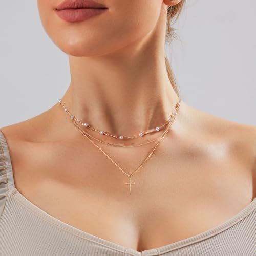 Airmb Cross Necklace for Women Gold/Silver Plated Layered Dainty Cross Chain Trendy Choker Satellite Charm Small Crucifix Pendant Gold/Silver Necklace Stackable Hypoallergenic Delicate Gift for Women - color: Gold-3PCS Cross