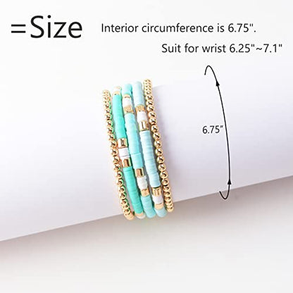 GOOJIDS Surfer Heishi Clay Bead Bracelets for Women Bohemian Stackable Gold Plated Beaded Stretch Bracelets Elastic Layering Friendship Bracelets Set Boho Jewelry - color: B-Light Green Surfer Color & Gold Bead