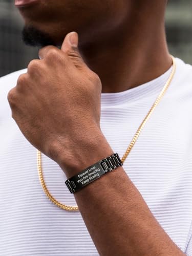 ChainsHouse Men Stainless Steel Bracelet Adjustable Custom ID Engraved Gift | Personalized Silver/Gold/Black for Birthday Father Husband Boyfriend with Gift Box Adjustable Tool 10mm/15mm/15.5mm 8.3"/8.7" - color: R.15mm Width-Black-Text Custom