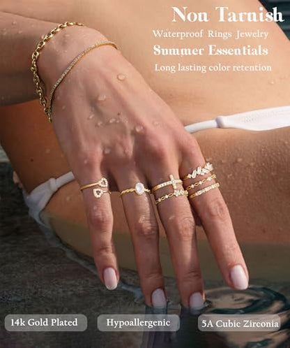 Gold Silver Rings For Women Non Tarnish Gold Plated Stackable Rings Wedding Engagement Bands Dainty 14K Gold Ring Simple Trendy Cubic Zirconia Thumb Stacking Ring Pack Size 4-11 - color: Gold