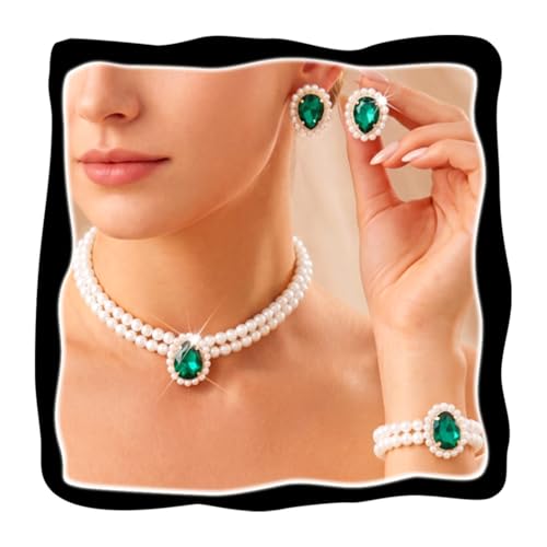 Brishow Pearl Necklace Jewelry Set Wedding Pearls Earrings Necklaces Set Bridal Crystal Bracelet Jewelry for Women (Pack of 3) - color: Green, size: 2 Layered