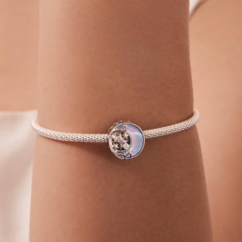 Celestial Bead Charms for Bracelets, Star Moon Dreamcatcher Dangle Charms, Silver Tone Copper, Glass Resin CZ Accents, Charm Beads for Women Jewelry Making, Gift Box Included - color: Moon Star Round Bead Charm