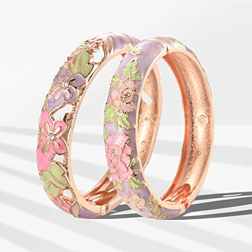 UJOY Handcraft Cloisonne Jewelry Bracelet Colorful Enamel Butterfly Flower Bird Hollowed Spring Hinged Cuff Bangles Women Gifts Pack in Box 88A11 - color: A09-2 Pcs/set-Butterfly-Purple