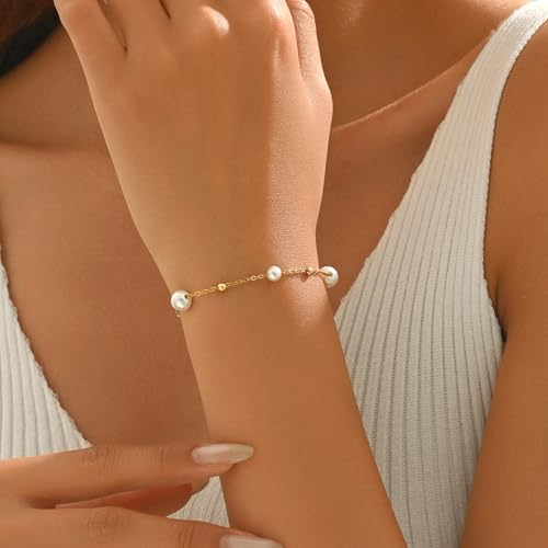 18K Gold Plated Pearl Beaded Cross Bracelets for Women Adjustable Stainless Steel Dainty Thin Gold Box Cuban Twisted Link Chain Bracelet Bridesmaid Jewelry Gifts - color: Multi Pearls Beads-Gold