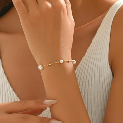 18K Gold Plated Pearl Beaded Cross Bracelets for Women Adjustable Stainless Steel Dainty Thin Gold Box Cuban Twisted Link Chain Bracelet Bridesmaid Jewelry Gifts - color: Multi Pearls Beads-Gold