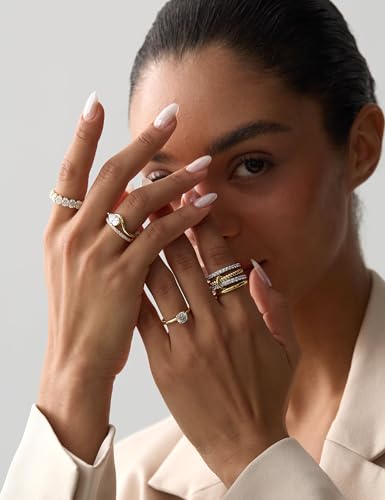 ASHINE 14K Gold Plated 5A Cubic Zirconia Half Eternity Band Ring | Stackable Engagement Ring for Women | Dainty Diamond-Inspired Womens Wedding Jewelry - color: White Gold-Half-Eternity