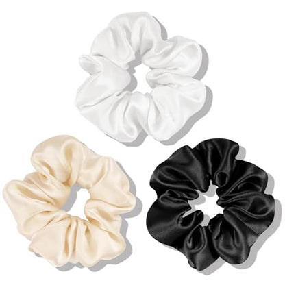 OLESILK 100% Mulberry Silk-Scrunchies for Hair Sleep, Women Grils Silk Hair Ties for Frizz & Breakage Curly Hair, No Damage, Elastics Ponytail Holder, 3 Pack - color: 3pcs, Black-White-Light Champagne