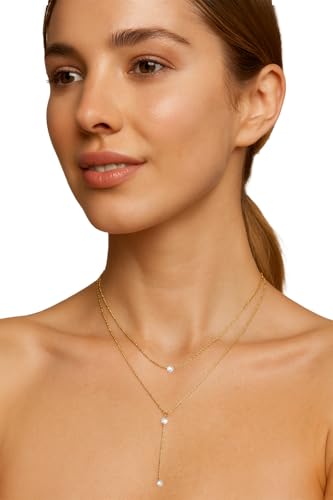 14K Gold Plated Y Necklace for Women – Dainty Lariat Long Pendant Chain, Layered Drop Necklace for V Neck Dress, Simple Sexy Cleavage Jewelry Gifts for Women - color: Gold - Double layered - Zircon