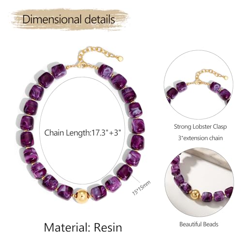 Chunky Colorful Beaded Choker Necklace for Women, Summer Beach Statement Resin Beads Necklace, Trendy Womens Summer Beach Jewelry Birthday Gifts for Vacation Holiday - color: Square Dark Purple Bead