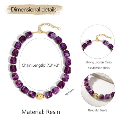Chunky Colorful Beaded Choker Necklace for Women, Summer Beach Statement Resin Beads Necklace, Trendy Womens Summer Beach Jewelry Birthday Gifts for Vacation Holiday - color: Square Dark Purple Bead