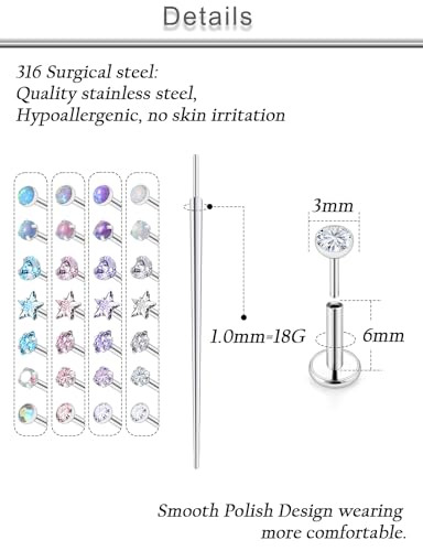 20G 18G 16G Threadless Lip Labret Nose Rings Studs Flat Back Earrings 316L Surgical Steel Snake Bites Lip Medusa Monroe Rings Push in Cartilage Tragus Helix Conch Earrings Studs 6mm 8mm 10mm - color: Silver-18G（1.0mm)-6mm Bars-3mm CZ