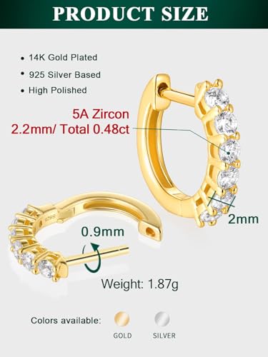 Chunky Emerald Sapphire Ruby Hoop Earrings, Princess or Round Cut, 14k Yellow Gold Plated Sterling Silver Cubic Zirconia Huggie Earings Minimalist Hoops Earrings for Women Wedding Daily Birthday - style: Round cut -5a CZ -Gold