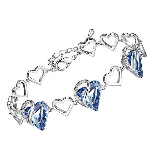 Leafael Infinity Love Heart Gift Bracelet for Women, Birthstone or Healing Stone Crystal, Silver Tone Birthday Jewelry for Her, Mom, and Wife, 7-inch Chain and 2-inch Extender - color: 03-March & December-Light Sapphire Blue