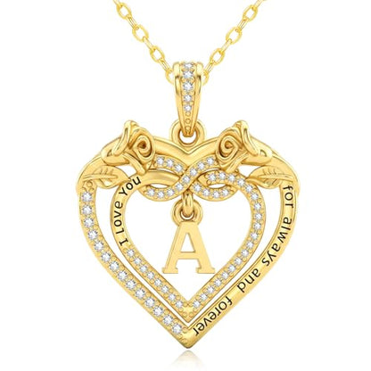 14K Gold Initial Letter Rose Heart Pendant Necklace for Women, Anniversary Birthday Jewelry Gifts for Wife Mom Grandma Sister Daughter, I Love You for Always And Forever - style: 14K Gold-A