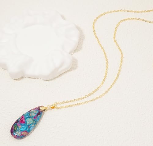 Stone Necklaces for Women Teardrop Gemstone Pendant Necklace Natural Stone Chain Necklaces - color: Blue Colorful Gold