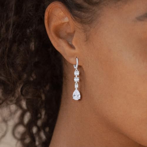 Dangle Earrings for Women Trendy, 14K Gold Plated CZ Huggie Drop Earrings, Dainty Long Chain Prom Wedding Jewelry Gift for Her - style: Teardrop CZ Silver