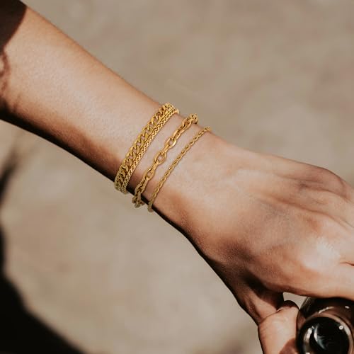 8Pcs Stainless Steel Bracelets for Men Women Sturdy Cuban Link Bracelet Curb Rope Figaro Paperclip Chain Bracelets Set Jewelry Gifts for Men, 6.9/7.5/8.3/9 Inches - color: Gold