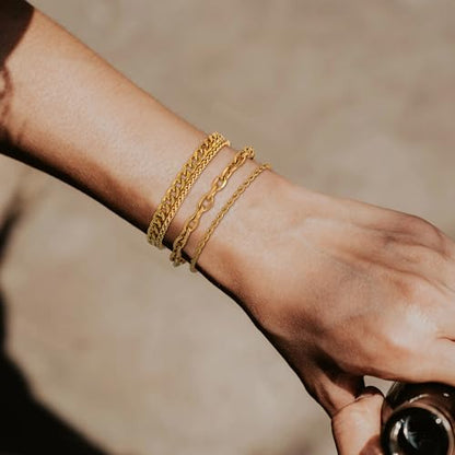 8Pcs Stainless Steel Bracelets for Men Women Sturdy Cuban Link Bracelet Curb Rope Figaro Paperclip Chain Bracelets Set Jewelry Gifts for Men, 6.9/7.5/8.3/9 Inches - color: Gold