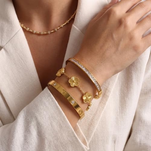 Gold Bangle Bracelets for Women -2PCS Friendship & Love Bangle Bracelet Clover Nail Bracelet Stack Set Trendy Non-Tarnish Stainless Steel Jewelry Gifts for Mom Wife Her - color: Gold 3PCS